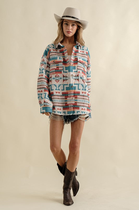 Frayed Hem Aztec Shacket