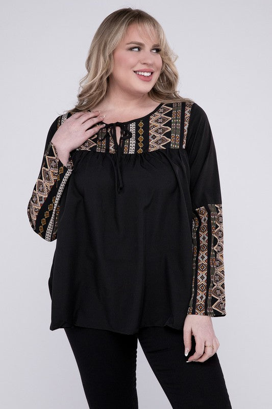 The Vida Tie Neck Patchwork Blouse - Plus Size