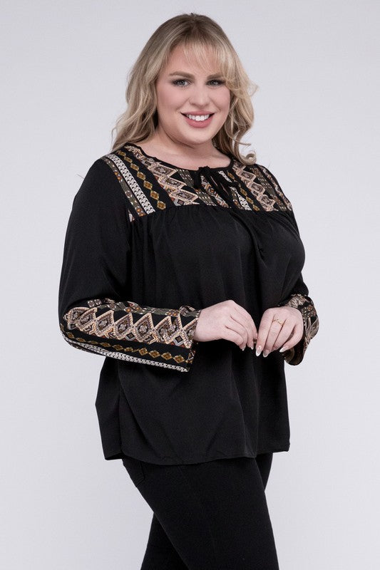 The Vida Tie Neck Patchwork Blouse - Plus Size