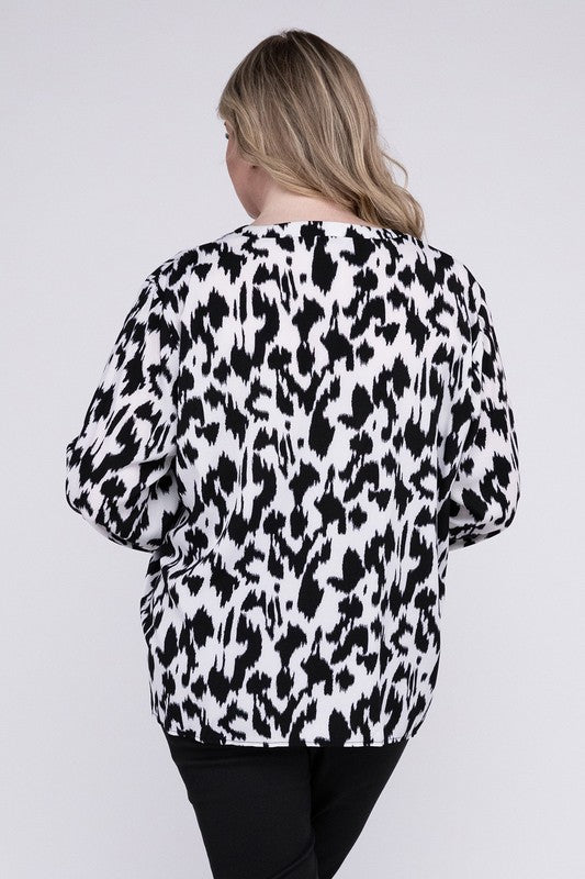 Leopard Notched Neckline Blouse - Plus Size