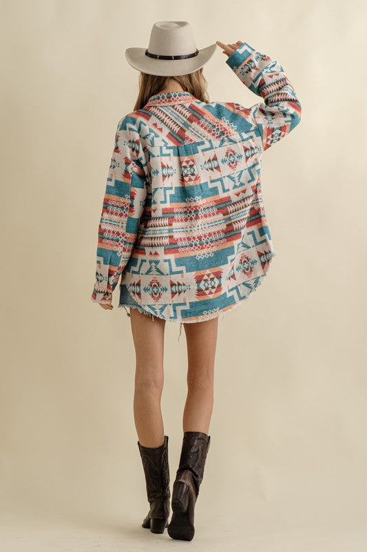 Frayed Hem Aztec Shacket