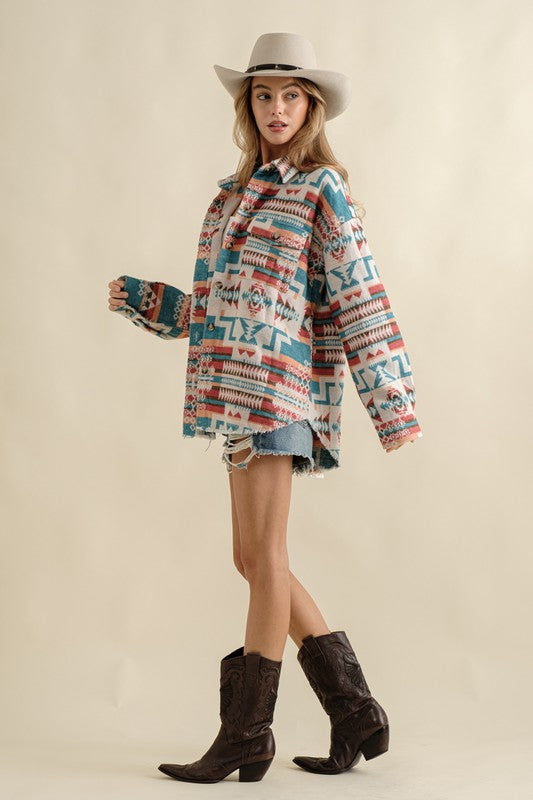 Frayed Hem Aztec Shacket