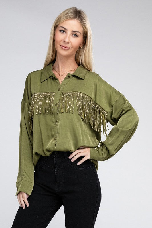 The Vintage Cowgirl Fringe Trim Satin Shirt