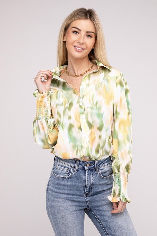 Clover Printed Long Sleeve Blouse