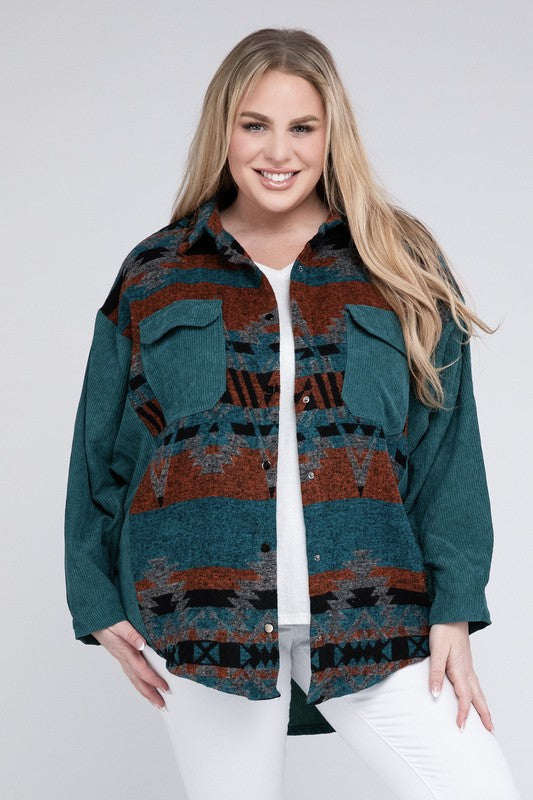 Dark Aztec Button Down Long Sleeve Jacket - Plus Size