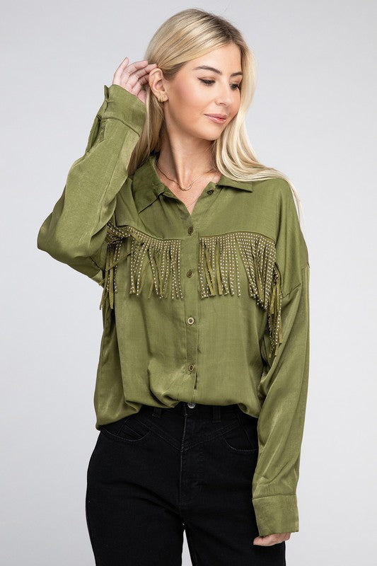 The Vintage Cowgirl Fringe Trim Satin Shirt