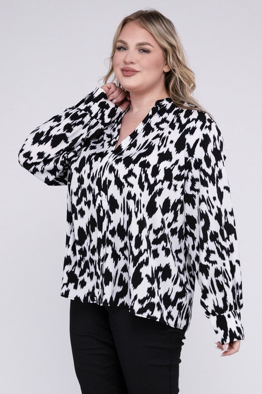 Leopard Notched Neckline Blouse - Plus Size