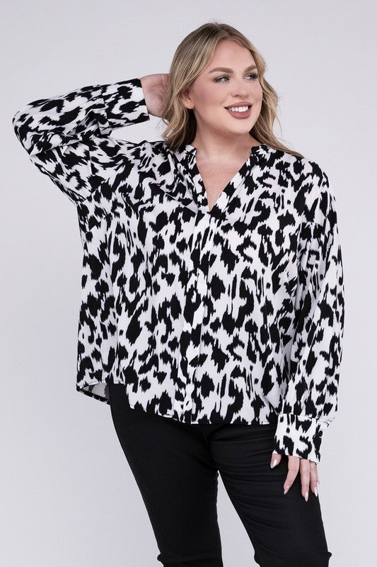 Leopard Notched Neckline Blouse - Plus Size