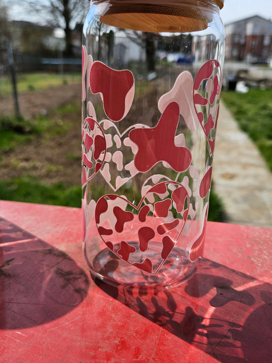 Cowprint Heart Glass Can